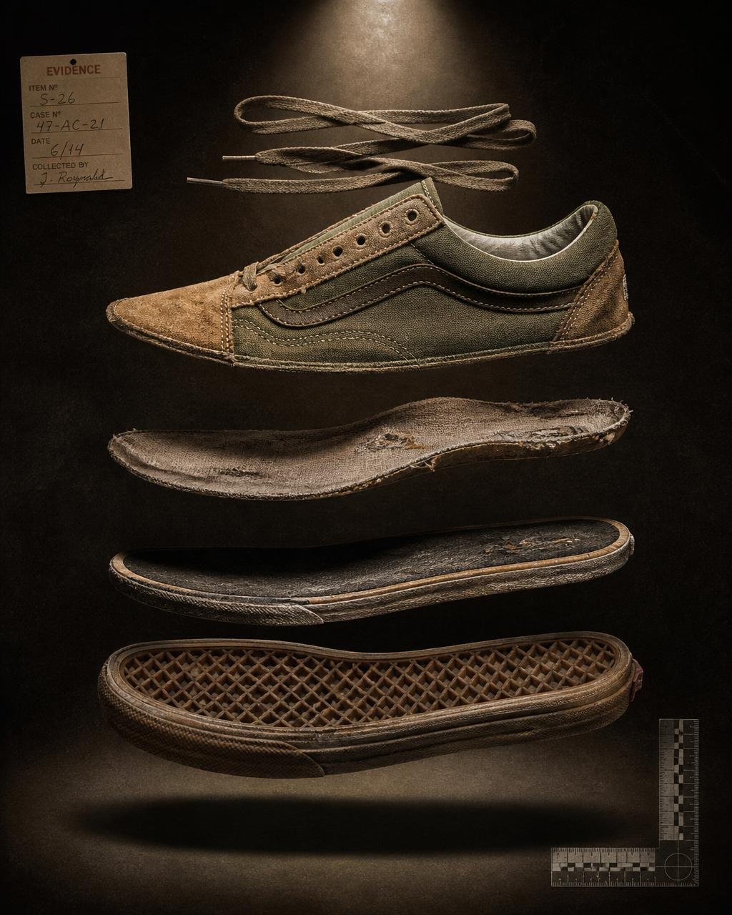 Sneaker disassembled into sole, upper and laces for grading